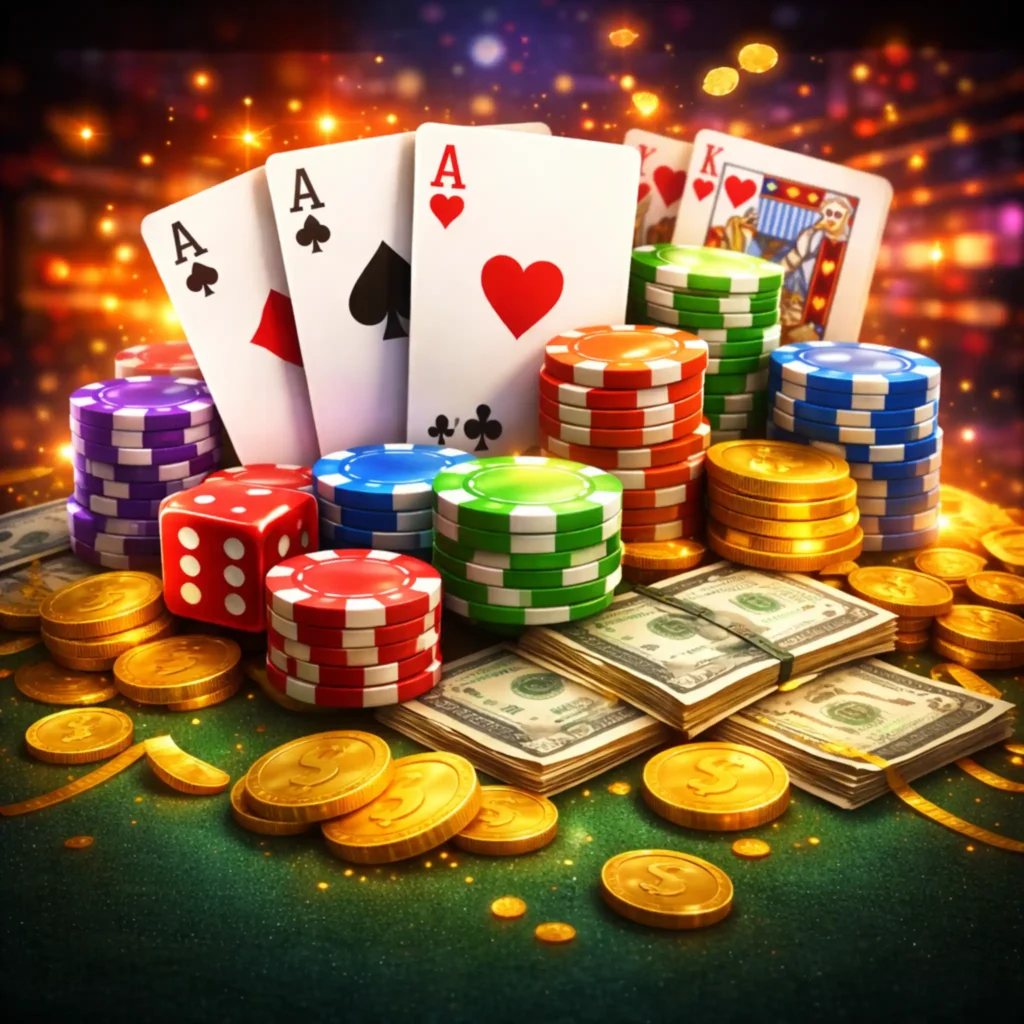 Cartas y fichas sobre mesa verde iluminada con luz suave