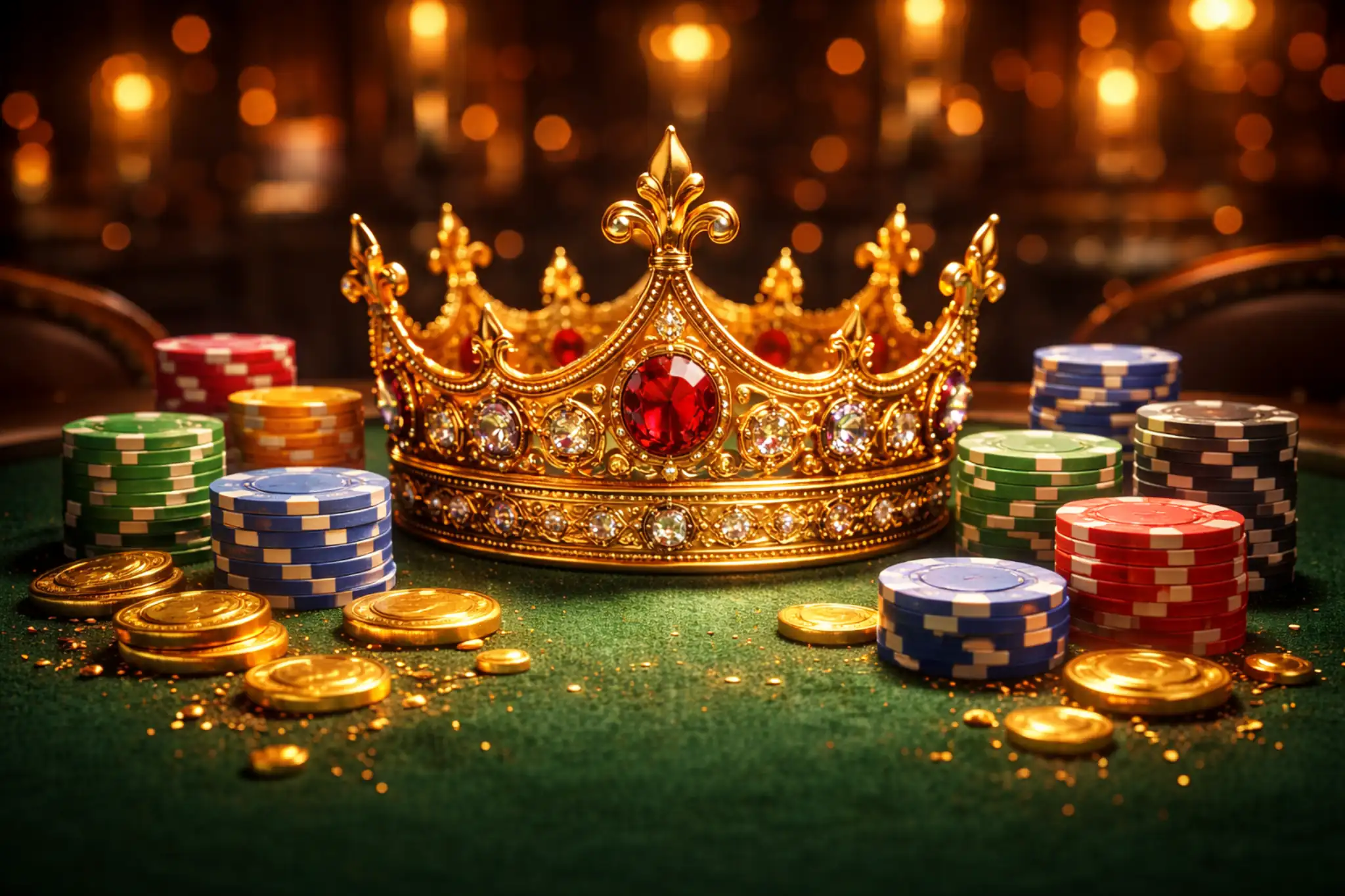 Corona elegante sobre mesa de juego rodeada de fichas en ambiente lujoso