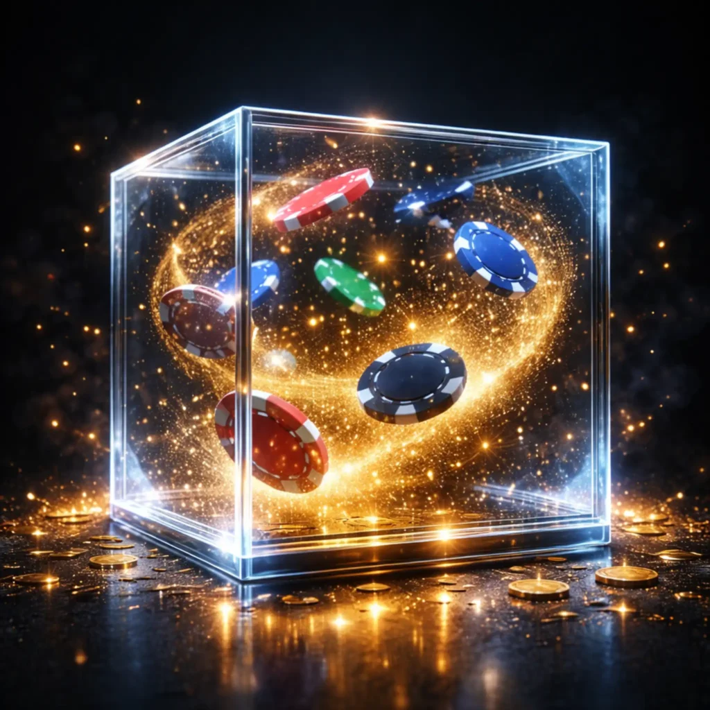 Cubo de cristal transparente con fichas flotando y partículas brillantes