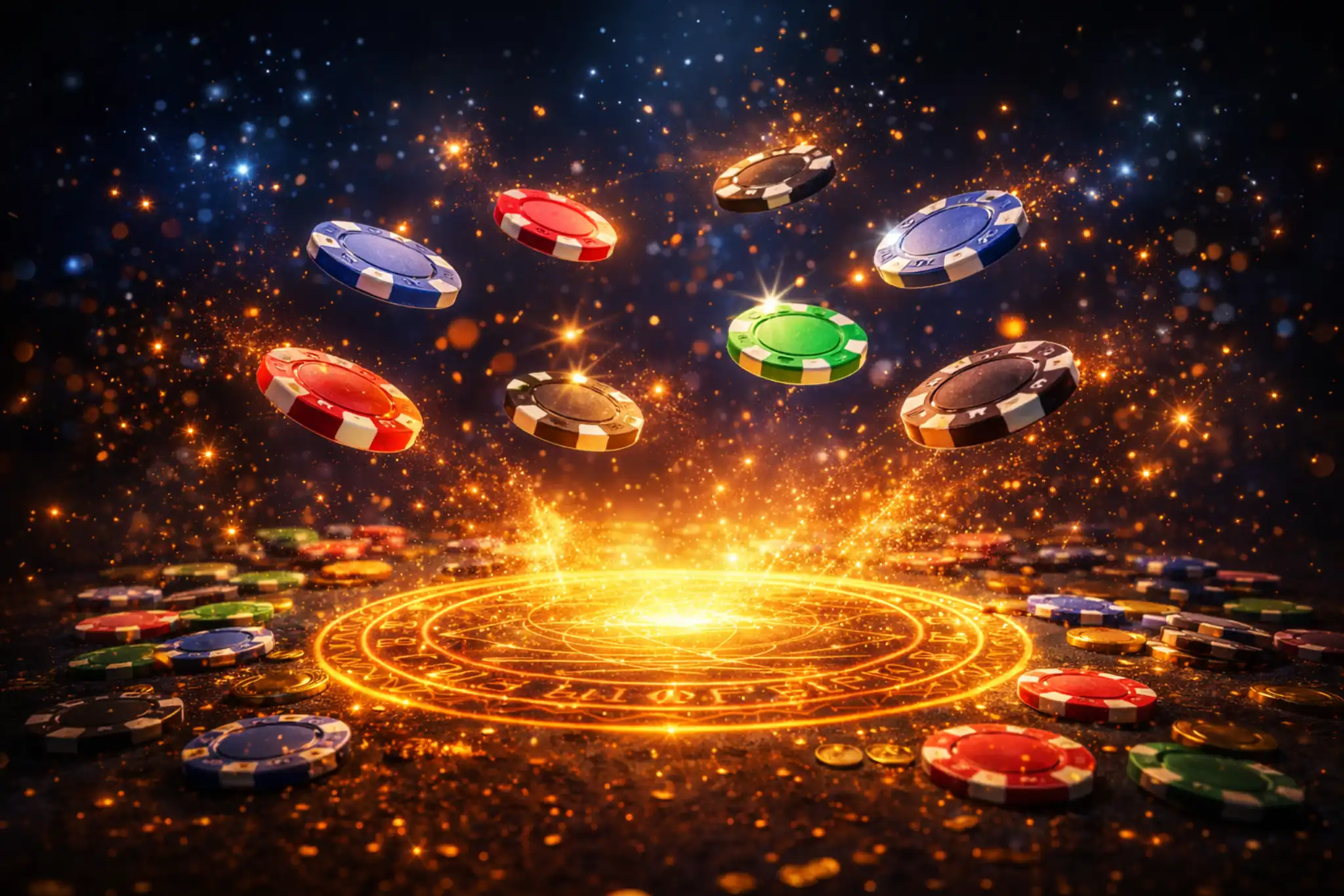 Dados brillantes girando en el aire con luz intensa y destellos