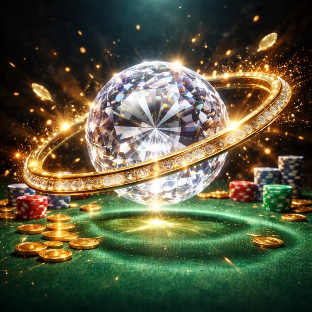 Esfera de diamante brillante con anillo orbital luminoso sobre fondo oscuro