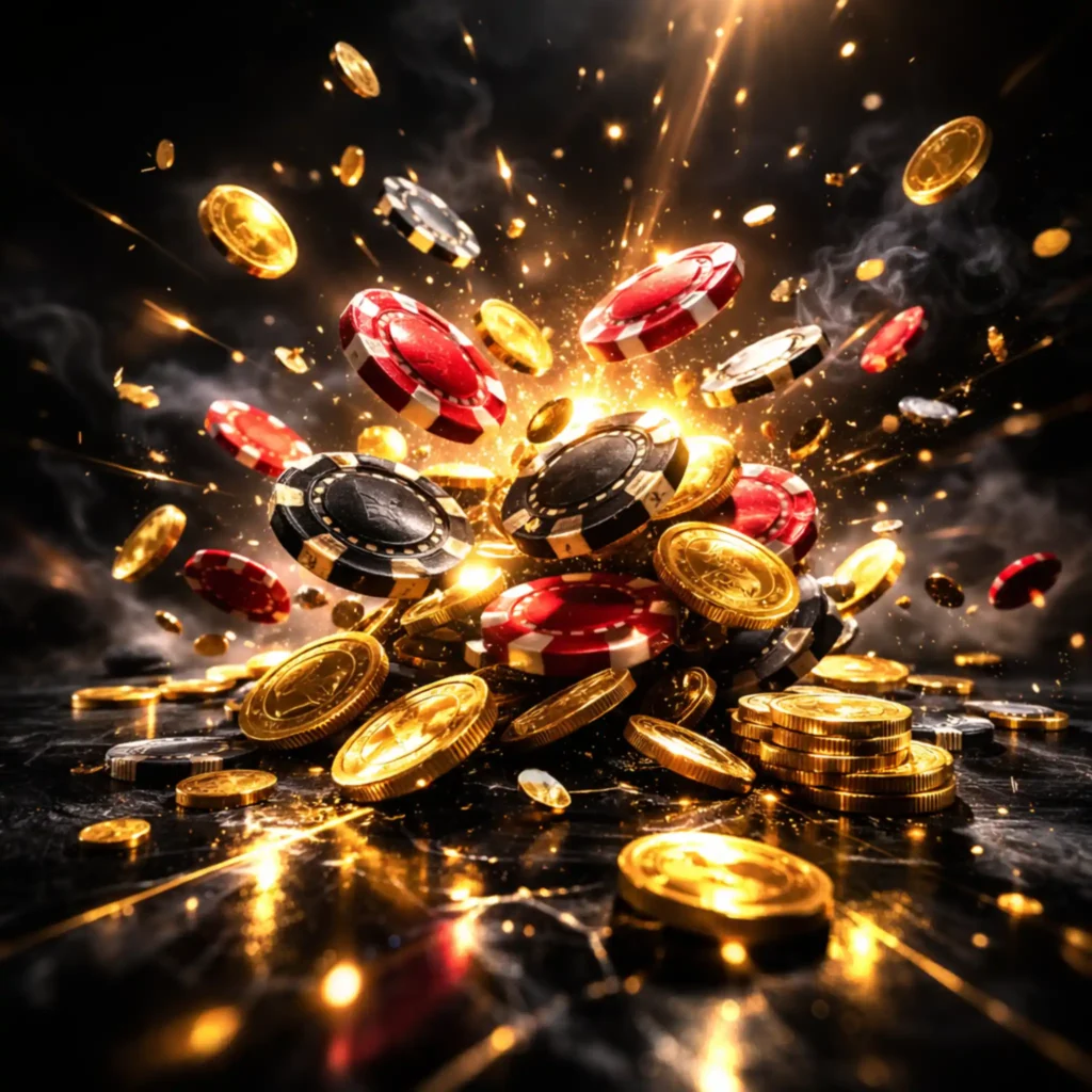 Fichas y monedas suspendidas en el aire con destello intenso sobre fondo oscuro.