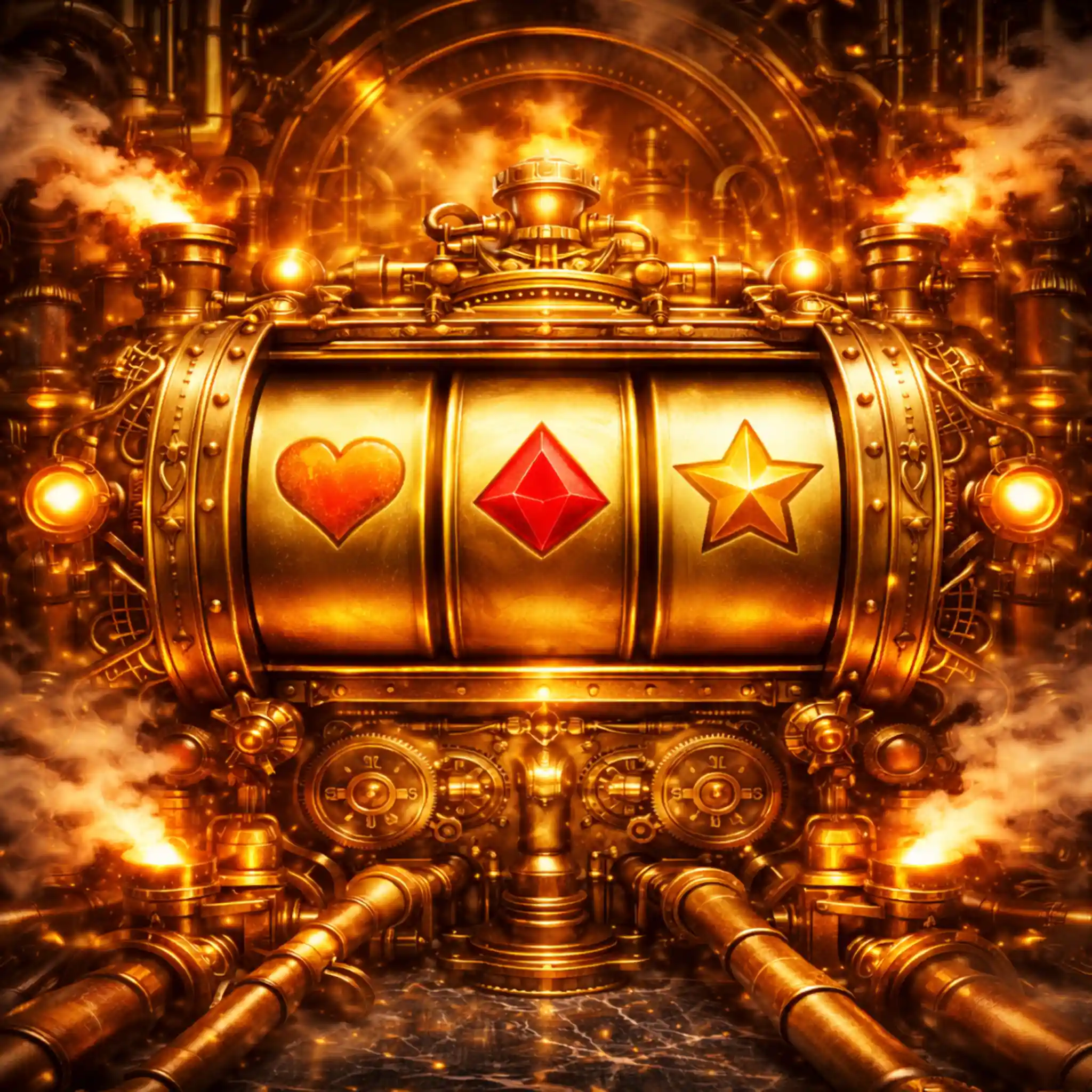 Máquina brillante iluminada por luces cálidas sobre fondo oscuro