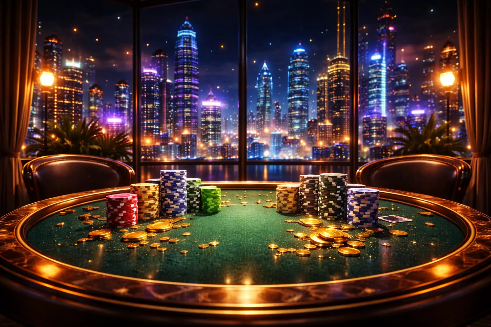 Mesa de casino junto a ventana con vista a ciudad nocturna iluminada