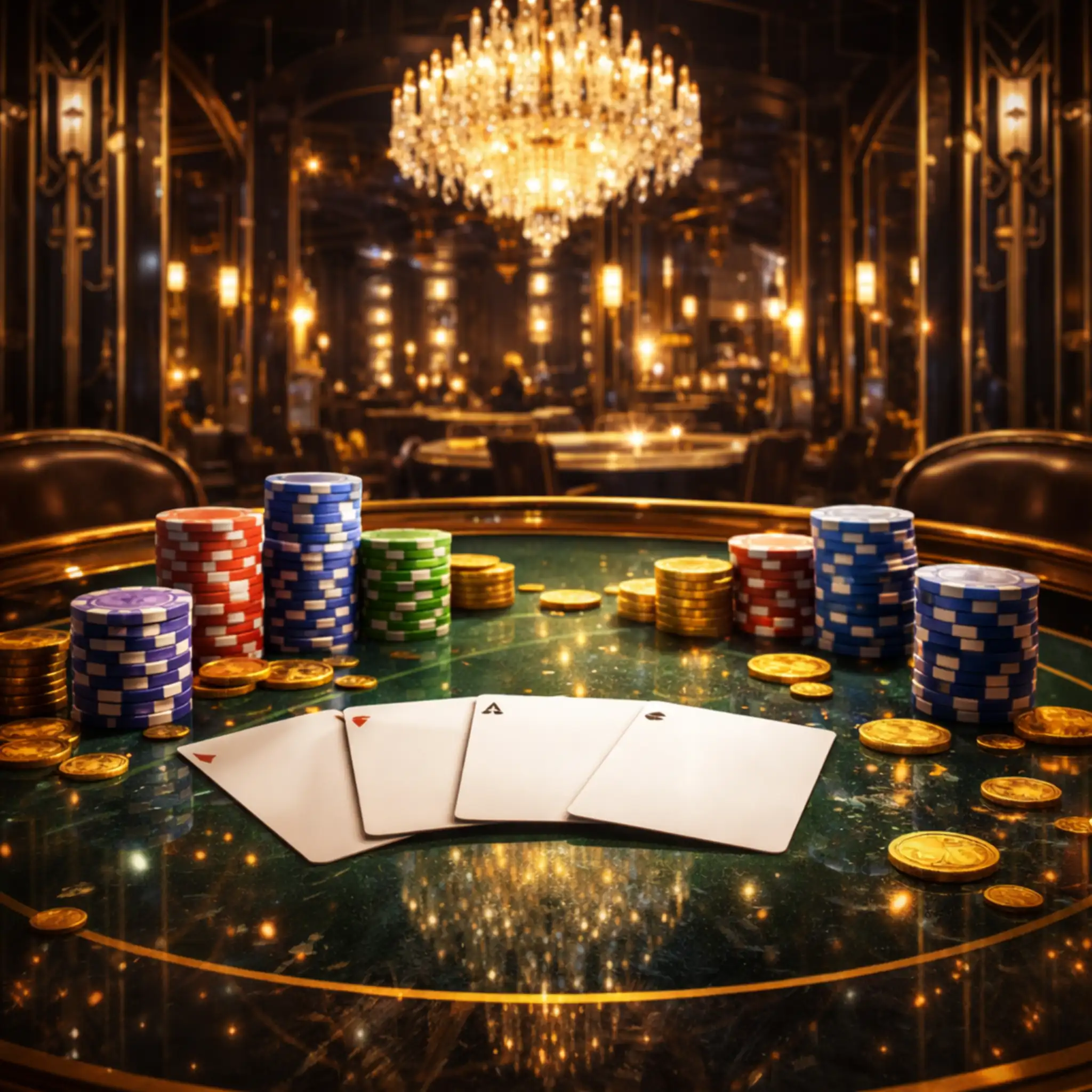 Mesa de casino elegante iluminada en ambiente nocturno con reflejos suaves