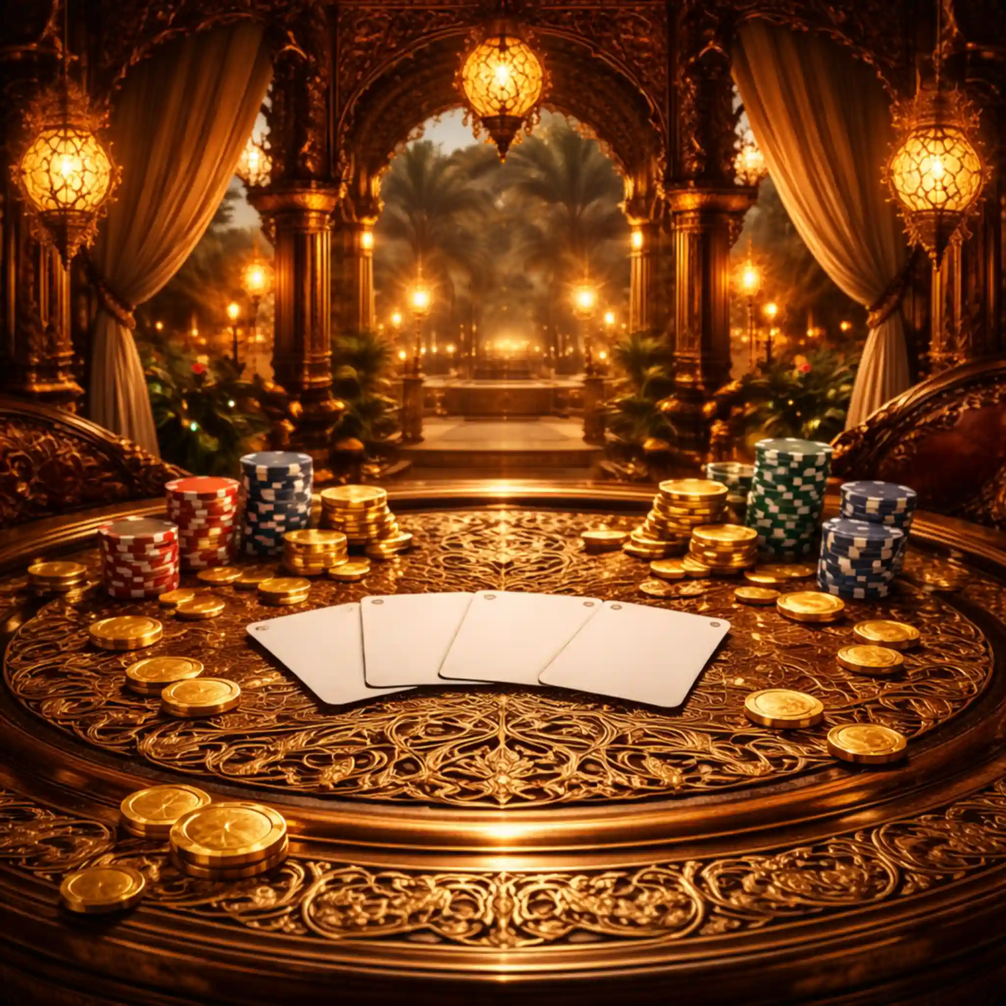 Mesa ornamentada en palacio oriental con iluminación cálida y ambiente lujoso