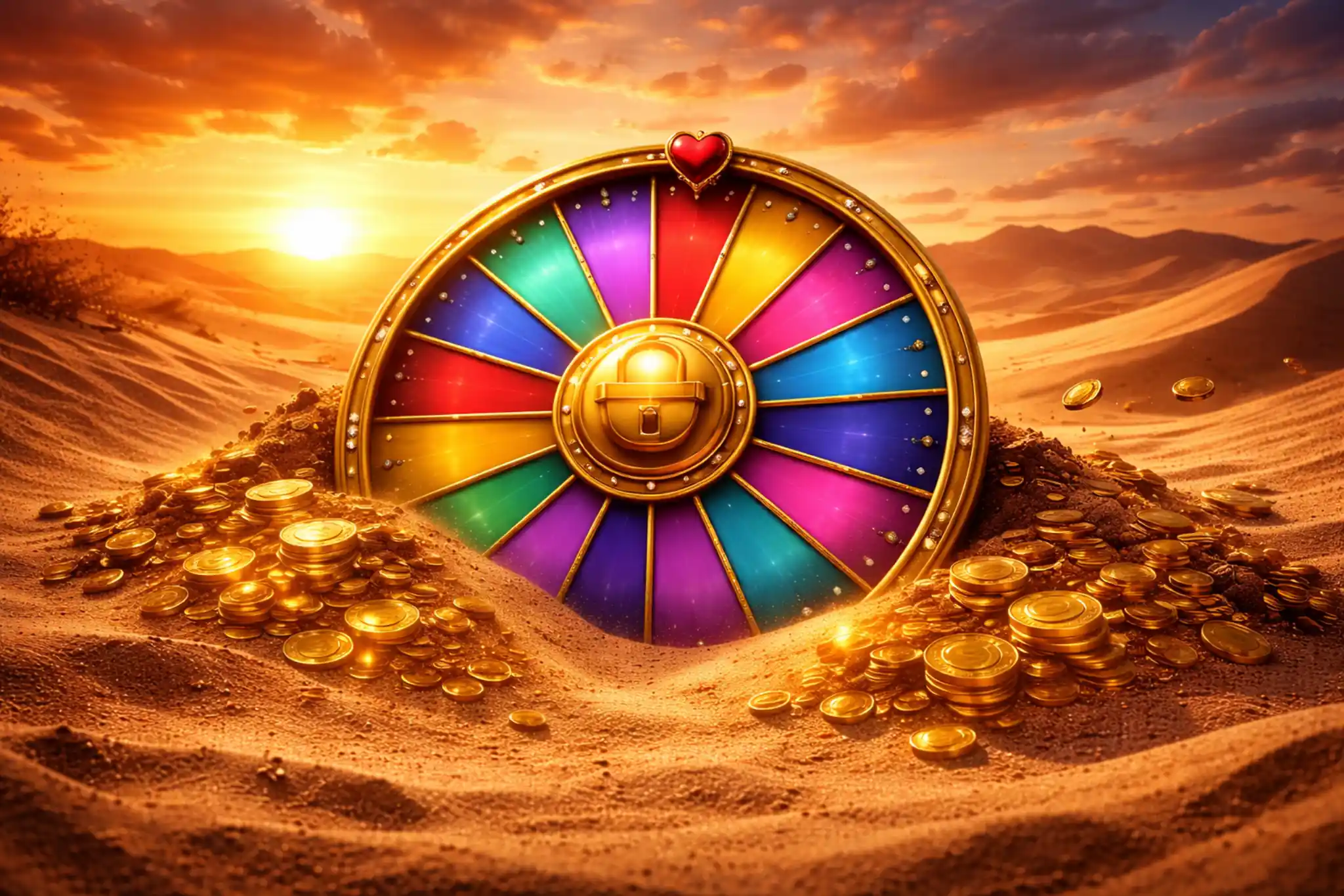 Rueda de fortuna semienterrada en la arena bajo cielo de atardecer