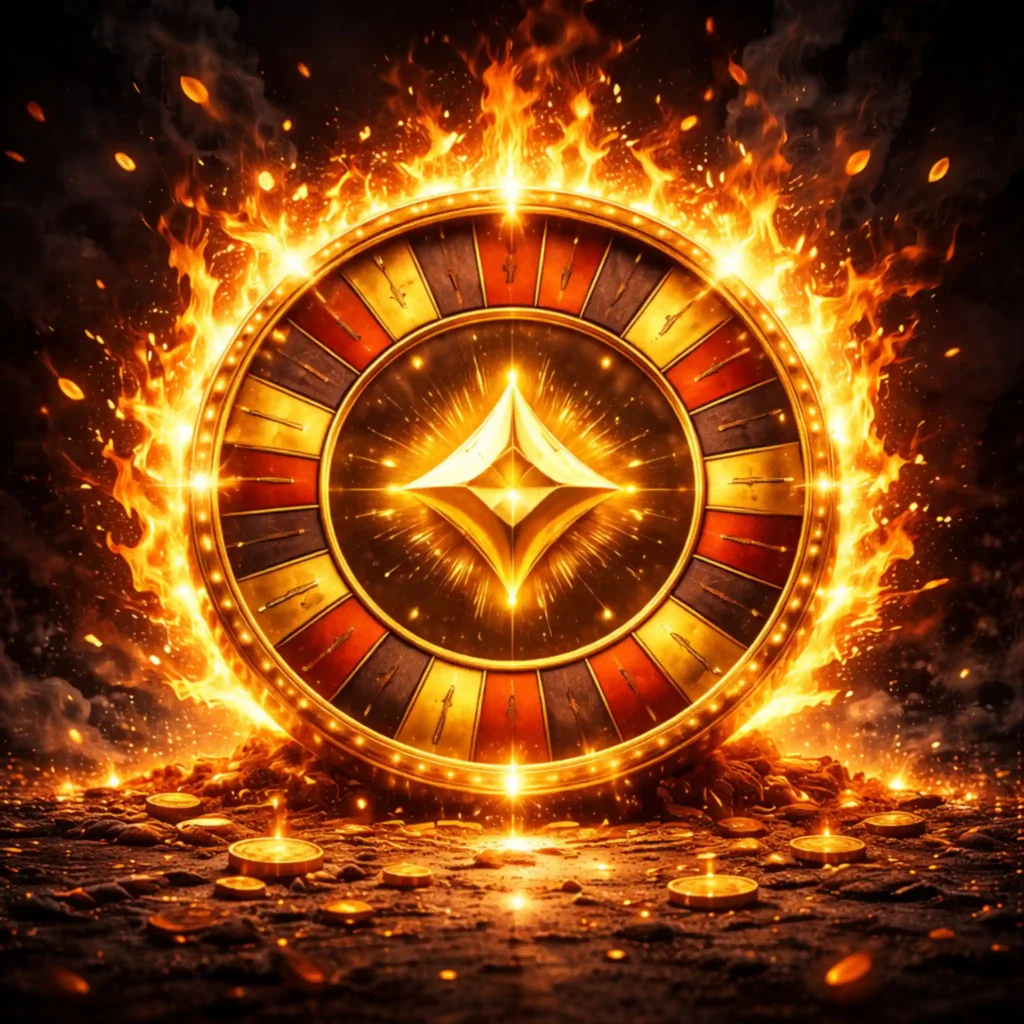 Rueda ardiente brillante rodeada de llamas sobre fondo oscuro
