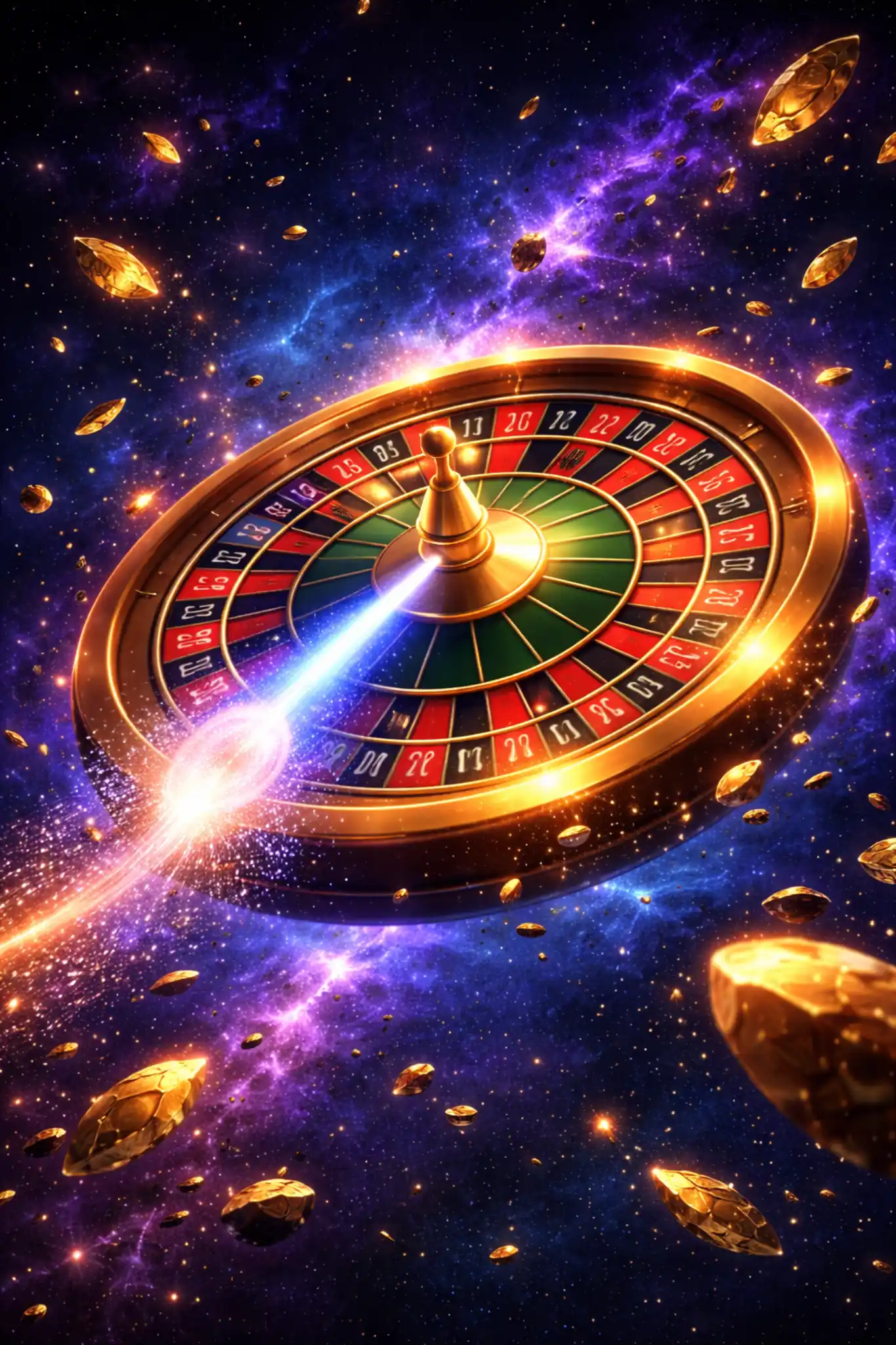 Ruleta galáctica suspendida en el vacío con brillo sutil y fondo profundo