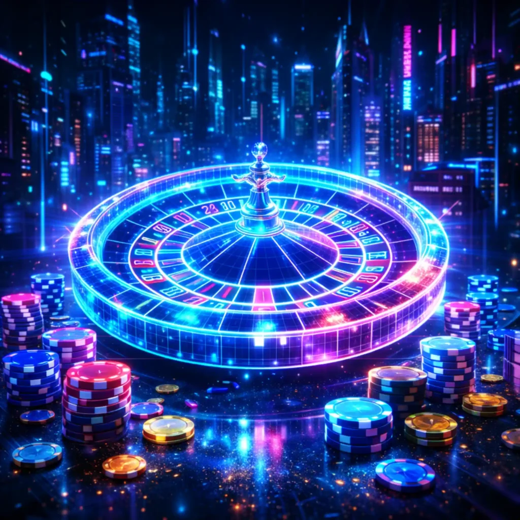Ruleta de neón en una ciudad futurista con luces intensas y reflejos brillantes.