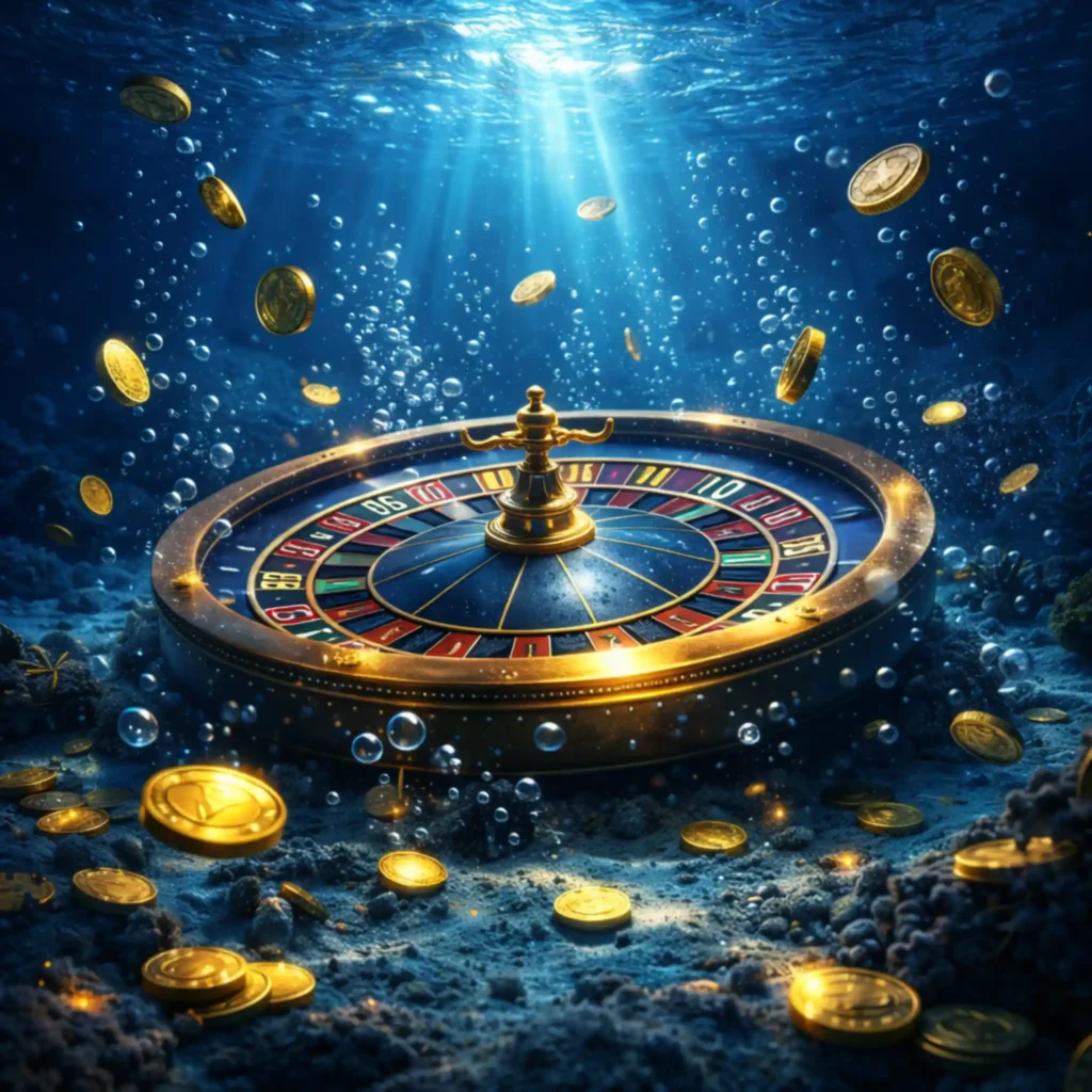 Ruleta bajo el agua rodeada de burbujas en un entorno azul profundo